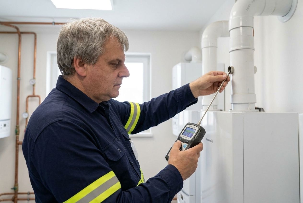 Revízny technik meria koncentráciu spalín plynového kotla analyzátorom